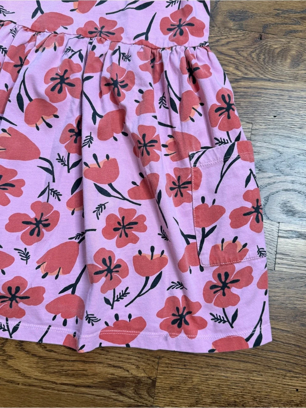 Hanna Andersson Girls Poppy Pink Pocket Dress with Red/ Orange Floral Print 6-7